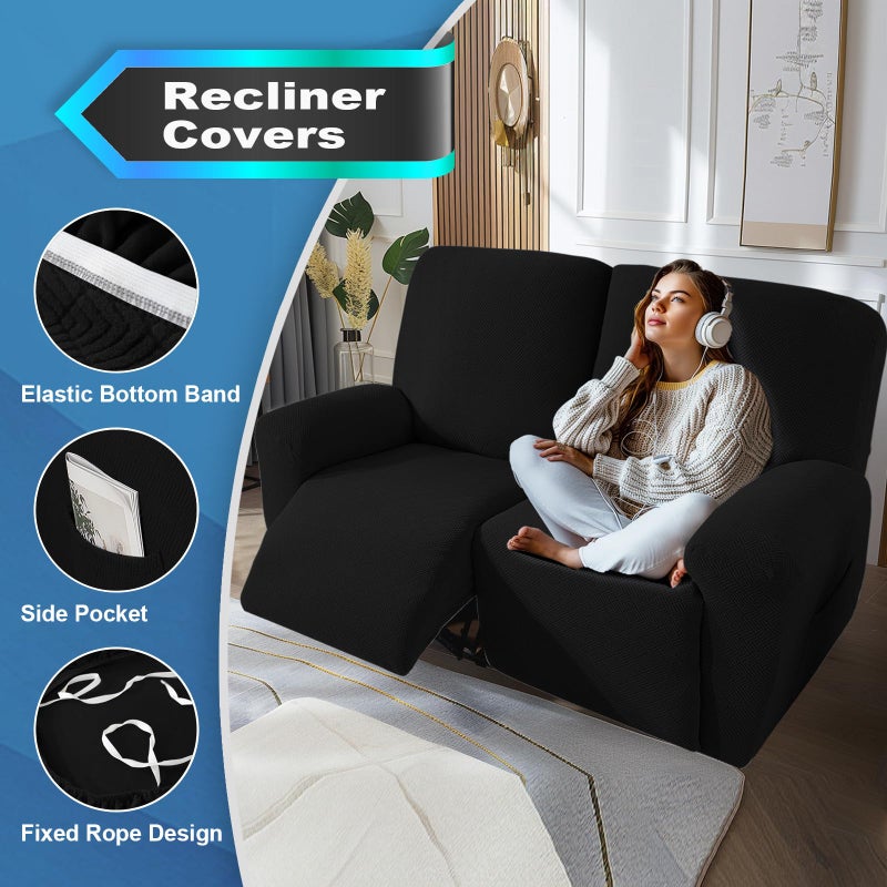 JIVINER 4 Pieces Recliner Loveseat Covers Stretch Recliner Sofa Slipcover with Elastic Bottom Jacquard Fitted Reclining Couch Cover Furniture Protector with Pockets (2 Seater  Black) - Image 3